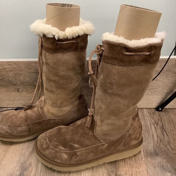 UGG Suburb Brown Suede Mid Calf Boot Womens 9 Leather Shearling Fur 5123 - Picture 3 of 8